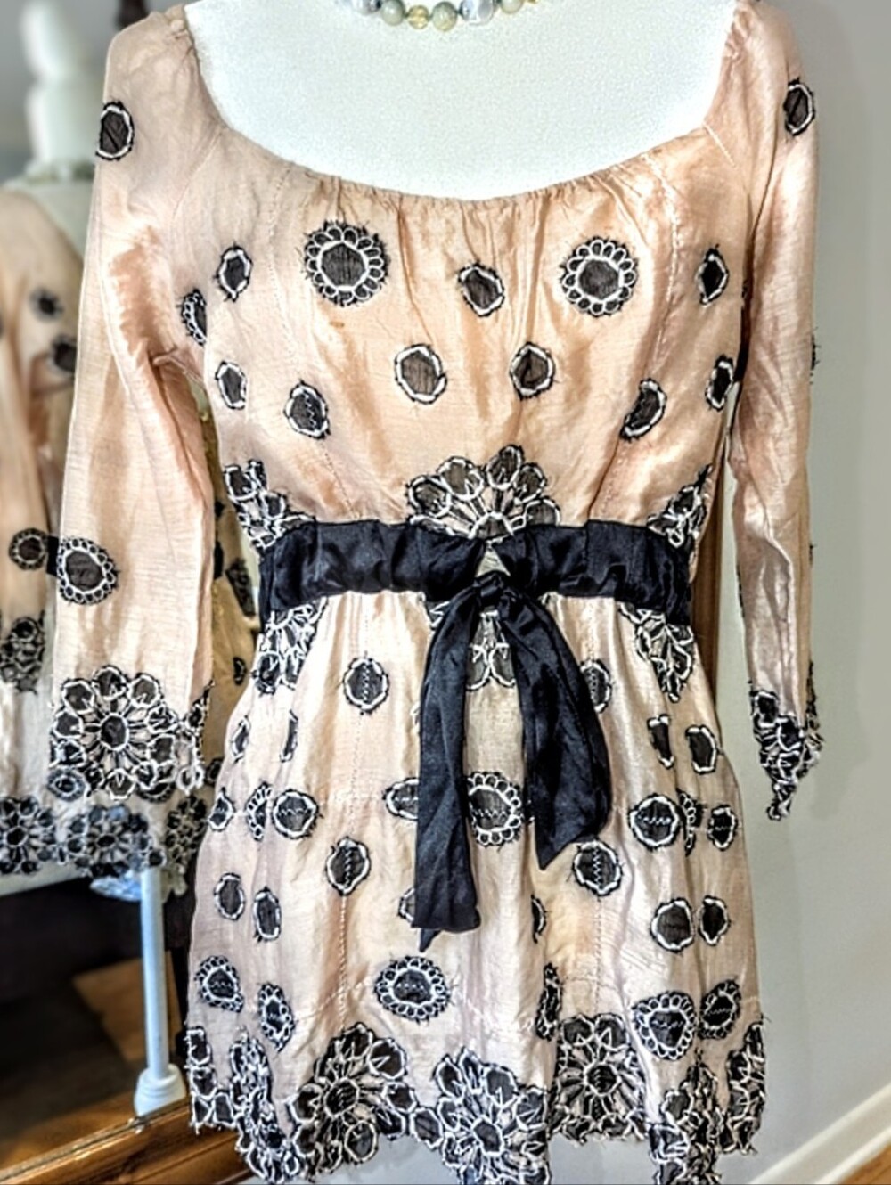 Nougat London Silk Blush Embroidered Peplum Blouse with Black Sash